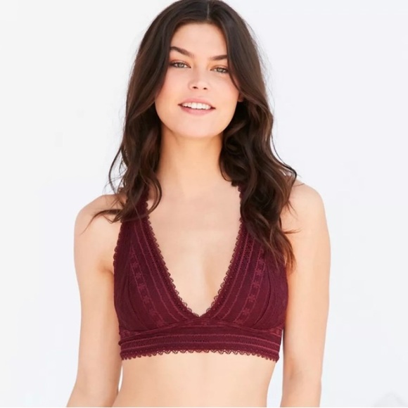 Urban Outfitters Strappy Back Lace Halter Bralette In Burgundy - Picture 2 of 11